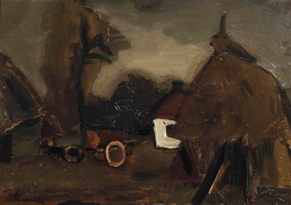 A farm with haystacks