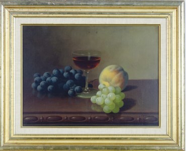 Still life with grapes, a peach and a glass of wine