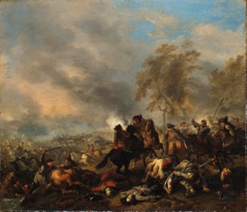 A cavalry engagement near a town