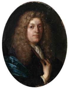 Portrait of a gentleman, aged 36, small bust-length, in a blue gown, with a full-bottomed wig