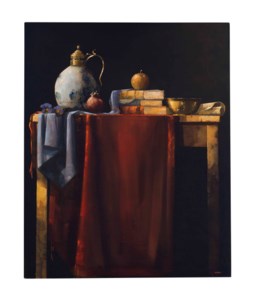 Still life with books and draped cloth on a table