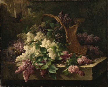 A still life with lilacs in a basket and a bird's nest