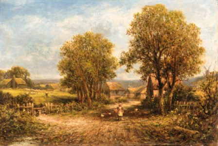 Feeding the chickens on a village path