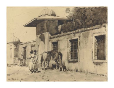 Circassian cavalrymen outside a gate