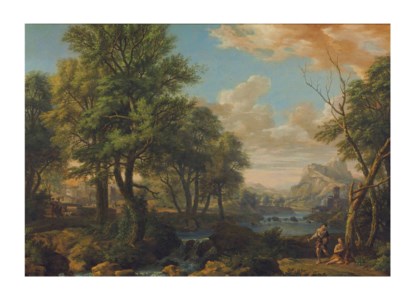 A river landscape with figures resting on a wooded path