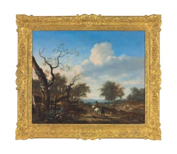 A wooded landscape with hunters and herdsmen on a track