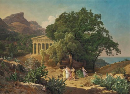 A Doric temple in Sicily with Castelmola and Taormina beyond