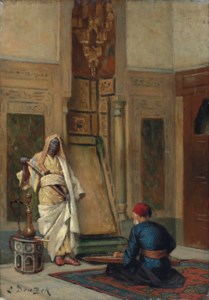 A musician and a guardsman in an oriental interior