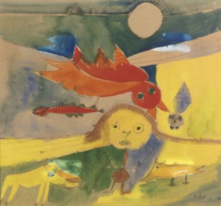 Red bird and mythical creature