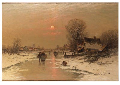 A moonlit river landscape in winter
