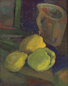 A still life with quinces and a jug