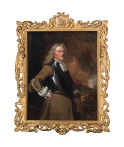 Portrait of an officer, three-quarter-length, in a breast plate, a cavalry engagement beyond