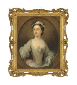 Portrait of a lady, traditionally identified as Margaret Peg Woffington (1720-1760), half-length, in a white satin dress with a pink rose, in a painted oval