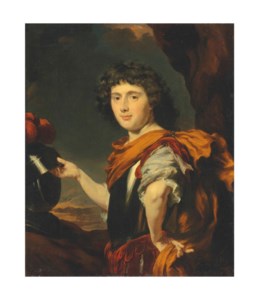 Portrait of a gentleman, half-length, in a breast plate, a plumed helmet in his right hand, in a landscape