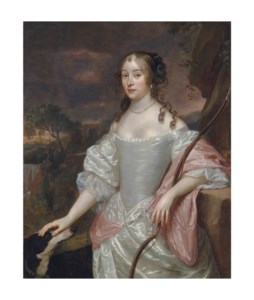 Portrait of a lady as Diana, three-quarter-length, in an oyster satin dress, a bow in her left hand, her right resting on a hound's head, in a landscape