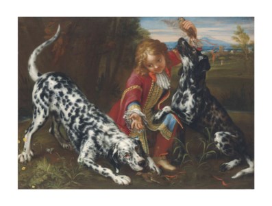 A young boy in livery with two English setters in a landscape