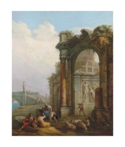 A ruined triumphal arch with figures conversing on path, a bridge beyond