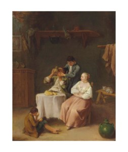 Figures eating and drinking in an interior