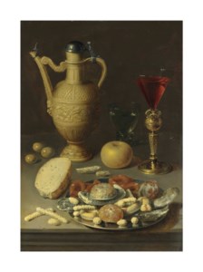 A stoneware ewer , a Berkemeyer and a conical glass in a bekerschroef , with confectionary in a silver platter, on a ledge
