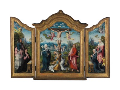 A triptych: the central panel: The Crucifixion; the wings: the inner faces: A Donor, Saint James, a Carthusian monk with an angel and Christ in the Garden of Gethsemane; A Donor, Saint Elizabeth of Hungary, a beggar with an angel and Christ Appearing to Mary Magdalene; the outer faces: Christ and the Virgin ministering to the damned