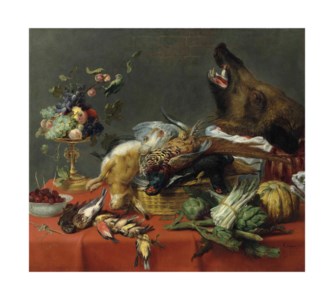 A draped table laden with game, fruit, vegetables and a boar's head