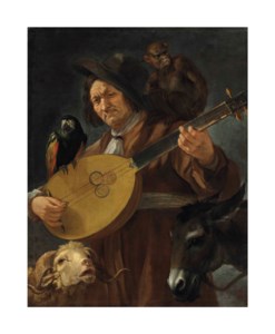 An Allegory: a man playing the calascione surrounded by a monkey, a parrot, a donkey and a ram