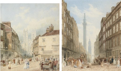 View of Tothill Street with Westminster Abbey beyond; and View of Gracechurch Street with the Monument and the church of St. Magnus the Martyr beyond