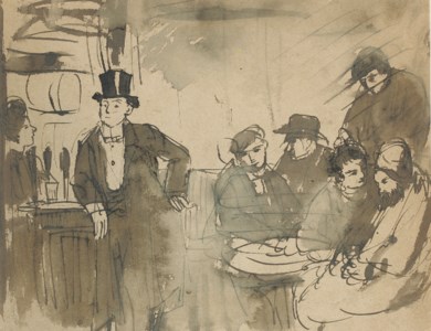 Pub interior with a group of men and two women