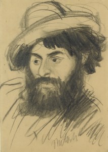 Portrait of a bearded man, wearing a hat, traditionally identified as the artist