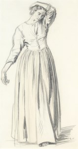 Dorelia standing, her left arm raised above her head