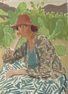 Dorelia in a red hat, in front of a prickly pear