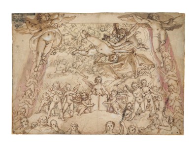 A flying Angel holding Christ’s robe and another dice, accompanied by other Angels and figures