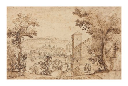 A Tuscan view with a towered city wall to the right