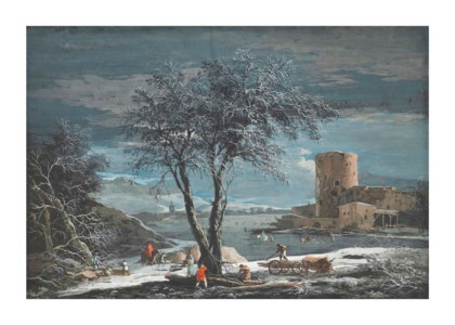 A winter landscape with peasants gathering wood and figures on ice near a round tour