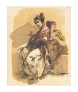 Two elegantly dressed ladies holding flowers