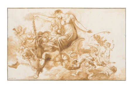 Armida and the sleeping Rinaldo on a chariot drawn by dragons and escorted by putti