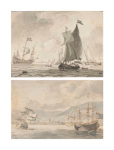 Dutch shipping off a coast with a town in the distance; and Shipping off port with mountains behind