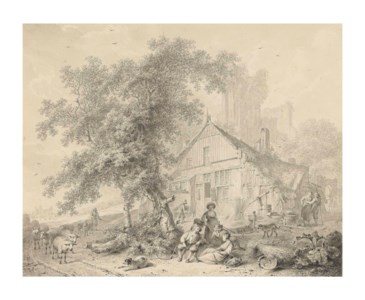 Harvesters resting beneath a tree in a farmyard