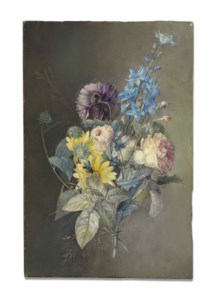 A bouquet of flowers including a Gallica Rose (Rosa gallica ) , a Delphinium and an Oriental Poppy ( Papaver orientale ) (?)