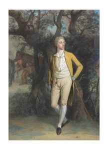 Portrait of a gentleman, traditionally identified as Arthur Hill, 2nd Marquess of Downshire (1753-1801), small full-length, in a yellow frock coat and breeches, his left arm resting on his cane, a coach and four beyond, in a classical landscape