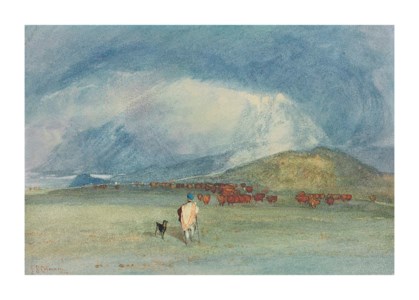 In the Grampians, a drover with his dog and cattle beyond