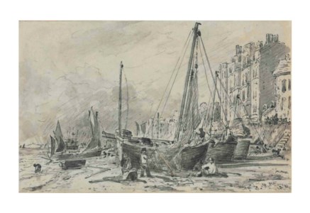 Beached fishing boats with fishermen mending nets on the beach at Brighton, looking West