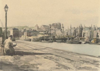 The artist, Muirhead Bone, sketching a harbour