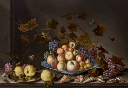 Fruit in a kraak porcelain dish with quinces, roses, shells and insects