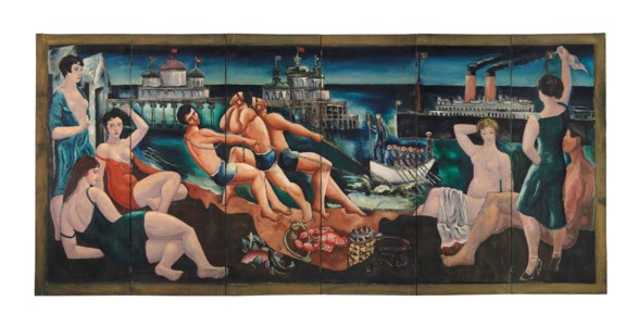 Beach Scene with Bathers, Pier and Ships