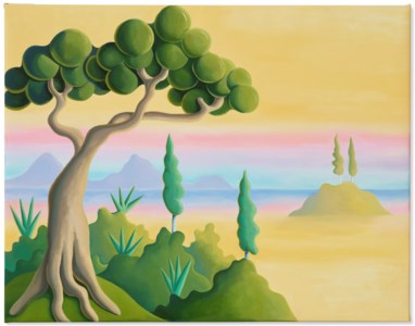 Yellow Landscape with Cypress Trees on an Island