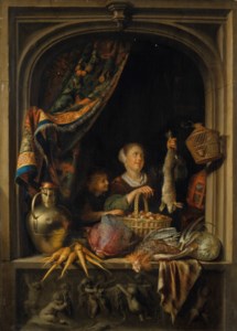 Gerrit Dou, A young woman holding a hare with a boy at a window