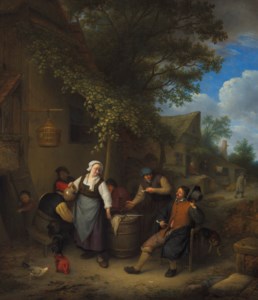 Peasants smoking, drinking and playing games before an inn