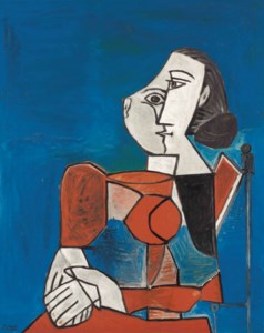 Pablo Picasso, Femme assise en costume rouge sur fond bleu