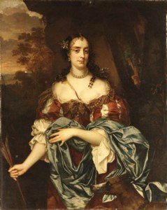 Portrait of a Lady, said to be Queen Catherine of Braganza, as Diana the Huntress, three-quarter length, in a red and white dress, blue drape and pearl necklace, a landscape beyond
